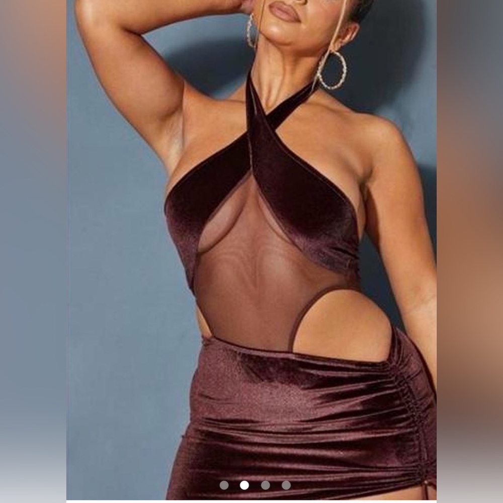 PrettyLittleThing Dark Brown Velvet Mesh Cutout Mini Dress
